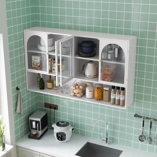 HUAKEHOM Hängeschrank Viertüriger Glas Wandschrank mit 4 Glastüren Küchenschrank Badschrank Sideboard Aufbewahrung Wandmontage 120×23×70cm (Weiß)