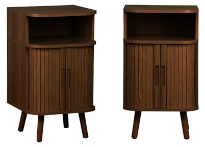 Alice's Garden sweeek - Lot de 2 Tables de Chevet 2 Portes coulissantes + 1 Niche Effet Bois rainuré Noyer. L 40 x P 40 x H 70cm