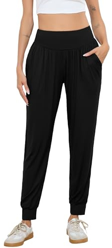 Vlazom Damen Yogahose Lang Modal Sporthose Einfarbig mit Hoher Taille Haremshose Pumphose Jogginghose Freizeithose Pilates Hose für Damen（M，Schwarz）