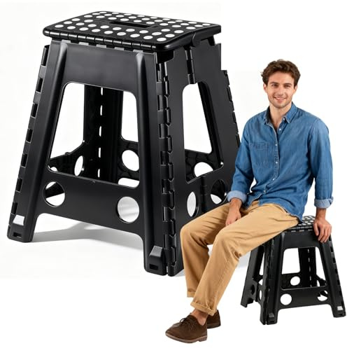 Tabouret Pliant 45 cm Noir – Marche Pied Pliable Portable, Robuste et Léger, Antidérapant, Gain de Place, Idéal pour Maison, Salle de Bain, Jardin, Camping et Voyage