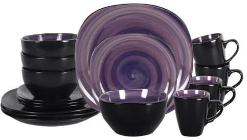 16-Piece Square Dinnerware Set - Serves 4, Inside Spinwash Swirl Purple + Outside Black Plates & Bowls Set | Microwave & Dishwasher Safe