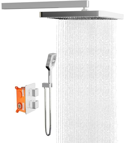 Thermostatic Shower Mixer Set with Square Rainfall Shower Head,Concealed Shower Units Wall Mounted Chrome,Rough-in Valve Body, Handheld Spray Head, Stainless Steel & Brass Showers for bathrooms