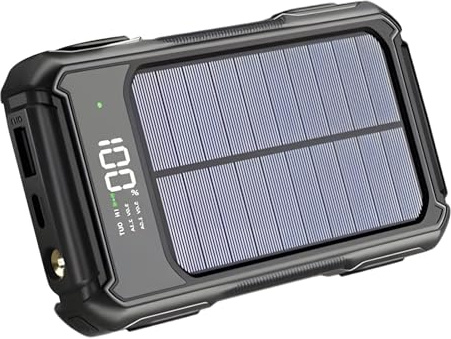 wkao Batterie externe avec énergie solaire 20 000 mAh, câbles intégrés, charge rapide, affichage LED, camping, 5,9 x 2,9 x 2 cm