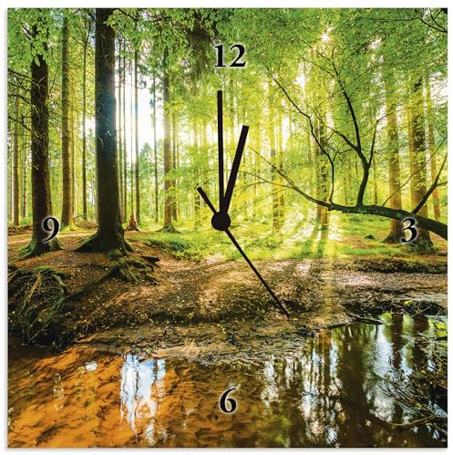 ARTLAND Wanduhr ohne Tickgeräusche Alu Quarzuhr 30x30 cm Quadratisch Lautlos Wald Landschaft Natur Sonne Bäume T9IO
