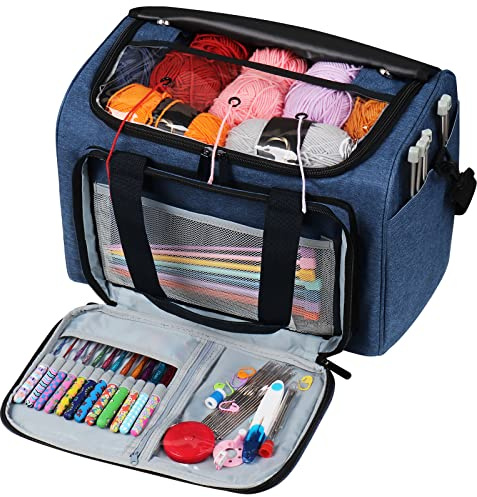 Coopay Borsa per Filati, Borsa per Lavori a Maglia, Riporre Ferri da Maglia e Uncinetto e Punto Croce, Organizer per Filati per Principianti e Professionisti, Blu