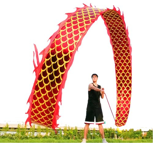 DSJUGGLING 3D Dragon Poi with 340g Weighted Ball & 1.1 Meters Swing Rope - Silk Flowy Shaking & Flinging Chinese Golden Dragon Ribbon Streamer + Travel Bag! (6 Meters (19.6 FT), Golden Red Dragon)