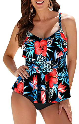WIN.MAX Tankini, set av badmode, för kvinnor, med hög midja, volang, 2 delar, bikiniset, baddräkt, plus-storlek, 44 SE