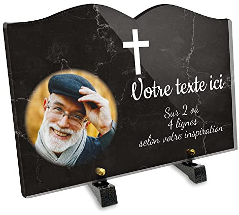 Plaque funéraire Livre avec photo personnalisable en plexi motif Croix Chrétienne, différentes tailles, épaisseur 6mm, personnalisée sur plusieurs lignes 30x20 cm