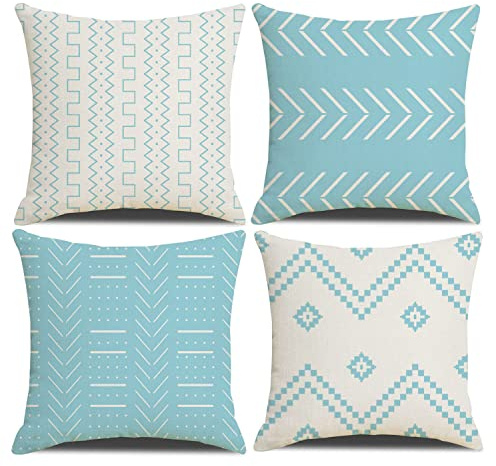 DWDC Cushion Covers 45 x 45 cm Farmhouse Cushioncase cover, Set of 4 Blue Textured Patchwork Square PillowCase for Sofa Chair Bedroom Modern Decor Home Office Couch Car Garden