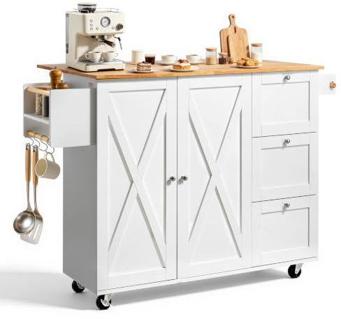 VEVOR Küchenwagen 1430 x 680 x 990 mm, Mobile Wagen mit Aufbewahrungsschrank, rollender Küchentisch mit Gewürzregal, Handtuchhalter und Schublade, Servierwagen aus Holz, Kücheninselwagen, Weiß