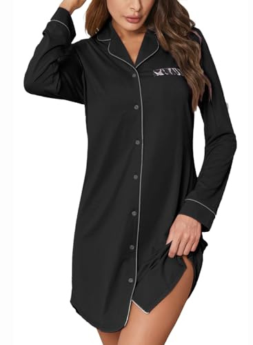 Rayson Chemises de Nuit Femmes Ouvert Devant Col V Robe de Nuit Manches Longues Vêtements de Nuit mi Robe Boutonnée Devant Homewear(Noir,L)