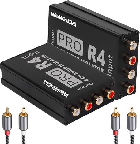 WisWinDa Portable 4 Channels RCA Ground Loop Isolator(No Reduce Bass) Gold Coating Quality Noise Filter for HiFi Stereo Car Audio Player Home Theater (Mini 4 Channels RCA Ground Loop Isolation Box)