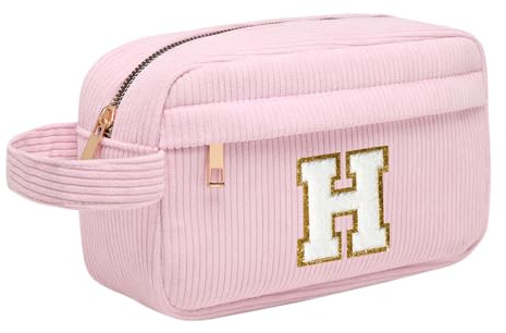 Personalisierte Initialen Make-up-Tasche, Cord-Kosmetiktasche Reise Kulturbeutel mit MetallReißverschluss Tragbare Schminktasche Damen, Weihnachts Geburtstagsgeschenk für Frau Mädchen Rosa H