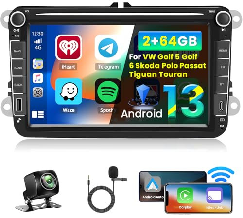 Inefala Android 15 Autoradio für VW Golf 5 Golf 6 Skoda Polo Passat Tiguan Touran mit Wireless CarPlay Android Auto 2+64G, 8 Zoll Bildschirm mit DSP 28UI FM RDS GPS Bluetooth WiFi SWC Rückfahrkamera