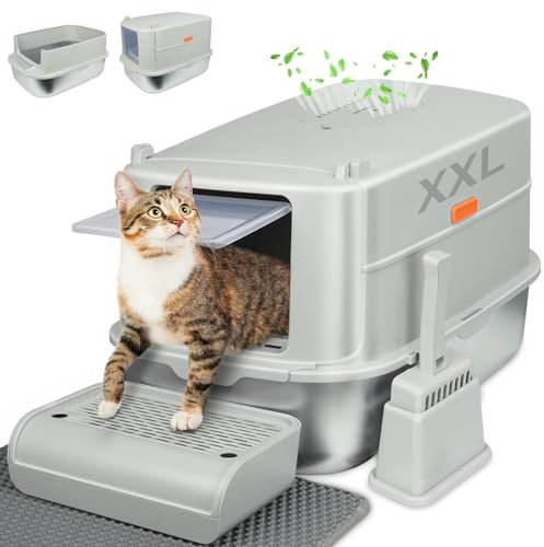 GOYJOY Edelstahl Katzenklo,XXL Halbgeschlossen Katzenklo Edelstahl, Katzenklo Groß, Geschlossenes Design mit hohen Wandkanten, antihaftbeschichtet, auslaufsicher und leicht zu reinigen