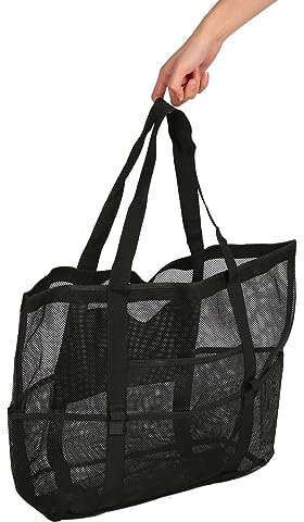 GEEKHOM Netz Strandtasche, Große Mesh Badetasche Netztasche Familie Faltbare Handtaschen Aufbewahrungstasche mit Taschen für Sandspielzeug Strand Urlaub Reise Das Einkaufen Fitnessstudio