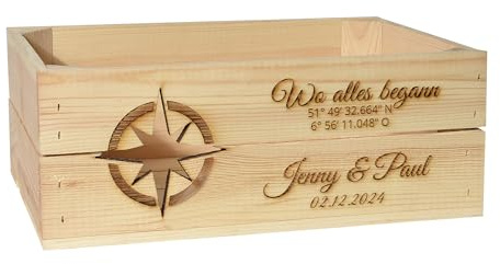 CHICCIE Holzkiste Personalisiert mit Wunschtext für jeden Anlass - Gravierte Erinnerungskiste Geburtstag Hochzeit Abschied Rente Taufe (Kompass)