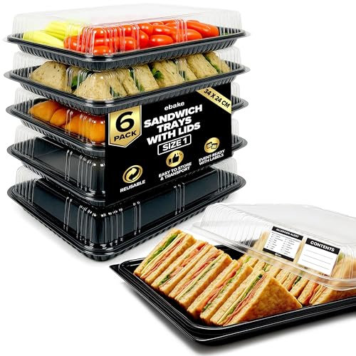 6 Pack Sandwich Platter Trays with Lids – Reusable Catering Food Trays for Parties, Buffets, Sushi, Sandwiches, Cake & Meal Prep (34 x 24 x 7.5 cm)