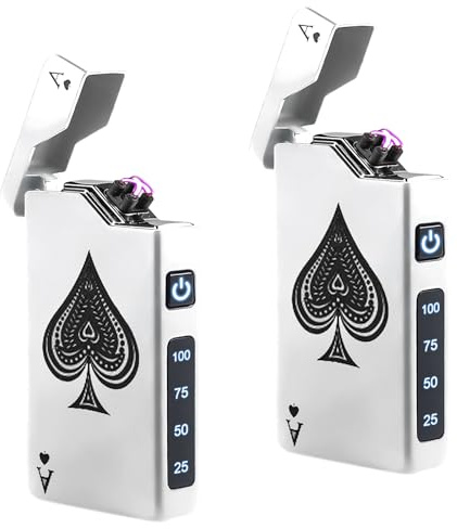 2 mecheros eléctricos, arco eléctrico, encendedor portátil con indicador de batería, recargable mediante USB, unisex, regalo con caja de regalo (plata Ace)