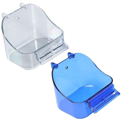 2 Packs No Mess Bird Feeder, Bird cage Feeder Cage Cup Food Bowls, Food Seed and Water Container, Good for Cockatiel Finch Lovebirds Budgies Canary (Blue and Clear)