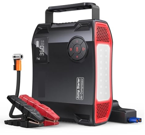 Arrancador de Emergencia 4 en 1 de 2000 A, 16000 mAh, 150 PSI, compresor de Aire, Bomba de neumáticos, Cargador portátil, Dispositivo de Arranque de Refuerzo for Coche.