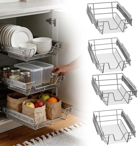 UISEBRT Teleskopschublade Küchenschrankauszug,Küchenschublade Schubladeneinsatz Vollauszug für 57cm (Innenbreite) / 60cm (Außenbreite) Schrankbreite,Belastbar bis 20kg, Silber 4er Set