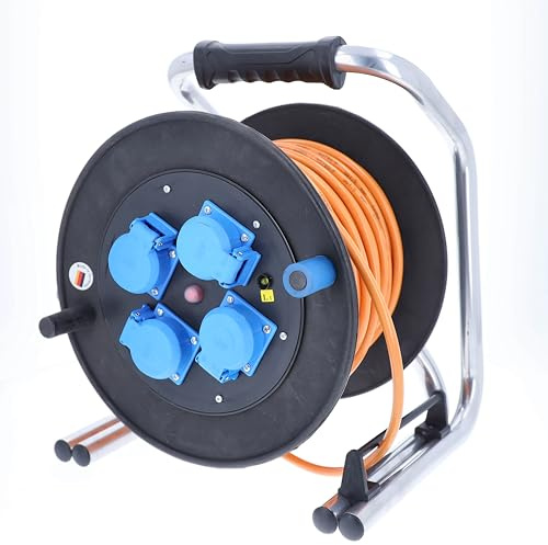 as - Schwabe enrollacables 50 m H07BQ-F 3G1,5 Naranja, IP54 Exterior, 4 Tomas de Corriente con Toma de Tierra, Interruptor térmico, indicador de Fase, Goma Dura, Muy Robusto, Made in Germany