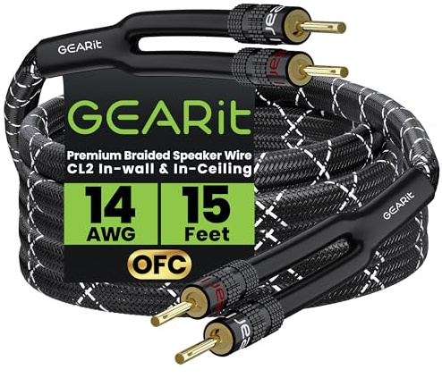 GEARit Hi-Fi-Lautsprecherkabel mit Bananensteckern (4,57 m, OFC sauerstofffreies Kupfer, CL2 Wandlautsprecherkabel, strapazierfähig, geflochten, 14 Gauge, 3 m) Schwarz