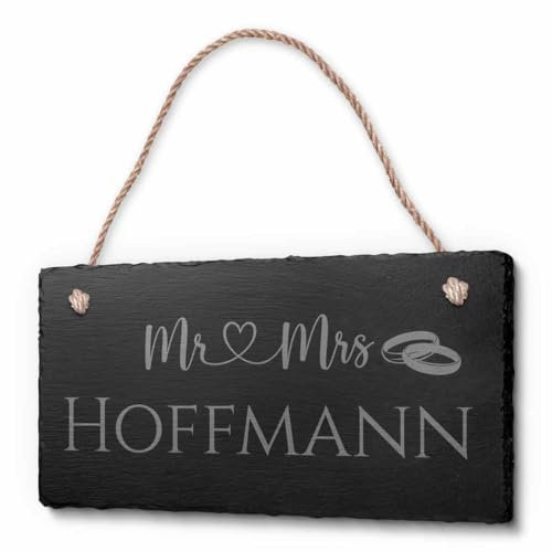 Schöne Schiefer Türschilder für die Haustür mit Gravur | Schiefer-Schild mit Kordel zum Aufhängen in ca. 20x10 cm Gravierte Namensschilder Klingelschilder mit Namen oder Texten Herzlich Willkommen