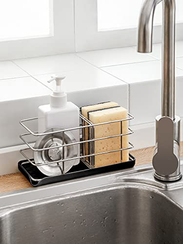 Timpou - Soporte de Esponja de acero Inoxidable 304 Multifuncional para Fregadero de Cocina, Organizador de Fregadero, Bandeja escurridor, jabonera, Panel Ajustable para Colgar（Black）