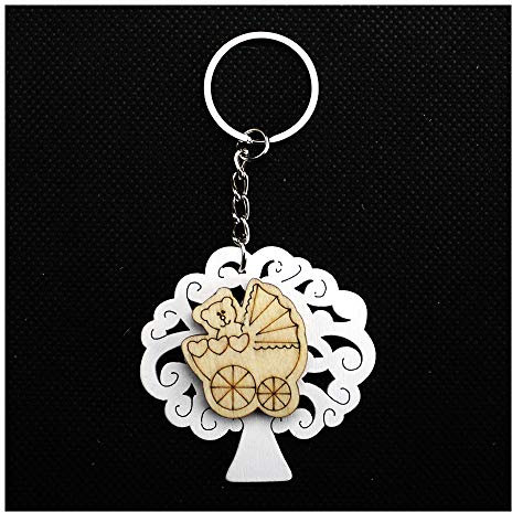 DLM-31848 (Kit 12 Pezzi) Portachiavi Ciondolo in Legno Albero della Vita e Culla Culletta Passeggino Carrozzina Nascita Confettata bomboniera