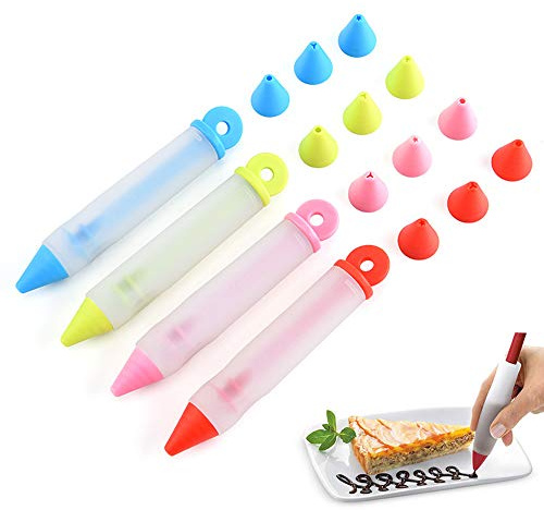 HOMUT 4Pcs Silicone Food Writing Pen Cake Decorating Tool, Chocolate Cake Decoration Tool with 4 Heads Cookie Icing Piping Pastry Nozzles For Bakery Kitchen 4 Colors AA0085