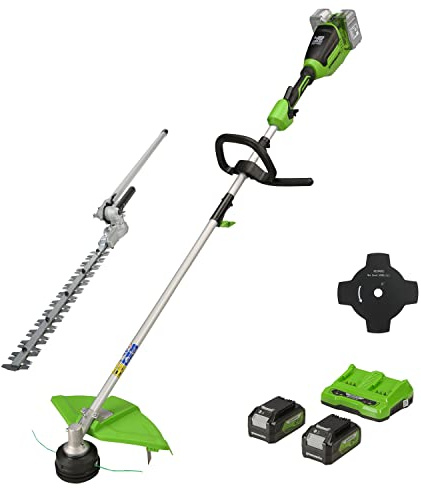Greenworks 48V (2x24V) Cordless Strimmer for Small to Medium Gardens, 40cm Cutting Width, Bump Feed, 2mm Dual Nylon Line + Greenworks Original Hedge Trimmer Attachment