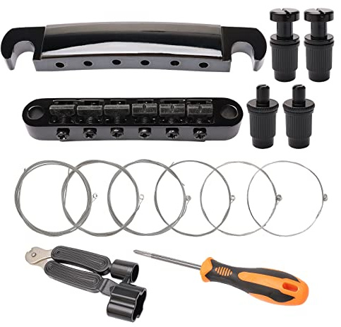 Unxuey Combo-Kits Tune-O-Matic Gitarrensteg-Saitenhalter für LP-E-Gitarre, Ersatzteile, inkl. Gitarren-Montagezubehör, Saiten + Saitenwickler 3-in-1 + Schraubendreher