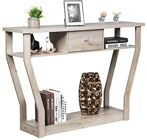 GIANTEX Tavolo Consolle Legno, a 3 Ripiani, Stretto e Compatto, Cassetto con Manico, Console per Soggiorno, Salotto, Ingresso, Portata di 60 kg, 120x30x81cm, 3 Colori (Grigio)
