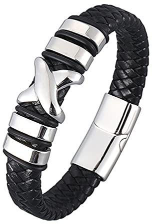 Ayoiow Männer Armband Indianer, Armband Edelstahl Herren Männer Armband Leder X Geflochten Schwarz Armband