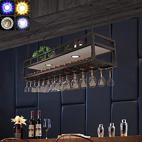 Portabottiglie da soffitto retrò a 2 strati, mensola per vino in metallo con luci al neon a 3 colori, altezza e larghezza regolabili, portabottiglie di champagne, portabottiglie rustico da appendere,