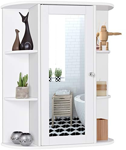 COSTWAY Badschrank mit Spiegel, Spiegelschrank mit Ablagen, Medizinschrank, Hängeschrank, Badezimmerschrank für Badzimmer, 60 x 16,5 x 70 cm (Weiß)
