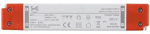 SeKi 12V DC 15W 1,25A Konstantspannungs LED Treiber flache Bauform/Slim; Netzteil, Transformator, Schaltnetzteil; keine Mindestlast, kein Rauschen/LED-Flimmern, MM Zulassung