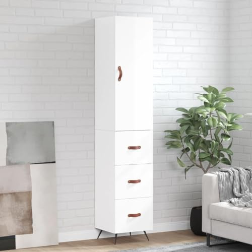 Homgoday Sideboard 34.5 x 34 x 180 cm in Gloss White Plywood Bedside Table Bedroom Bedside Table Sideboard for Bedroom Floor Cabinet Sq