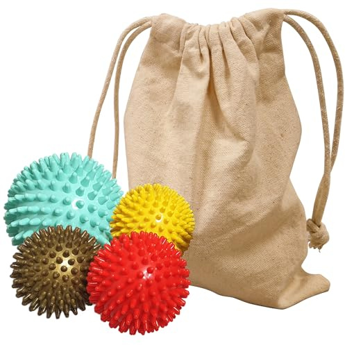 GERARDO'S Spiky Massage Ball Set: Includes 1 Large 10 cm + 3 Small 7 cm Balls - for Deep Tissue Back, Foot, Leg, Hand Muscle Massages - Self Therapy Use Specific - Transport/Store in Linen Bag