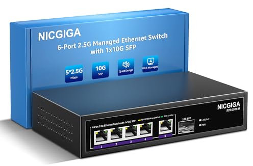 NICGIGA 6 Port 2.5G Web Smart Managed Ethernet Switch with 10Gbps SFP Uplink,Compatible with 100/1000/2500Mbps Network, 2.5Gbps Management Switch Easy for 2.5Gb Nas,PC,WiFi6 Router,Wireless AP.