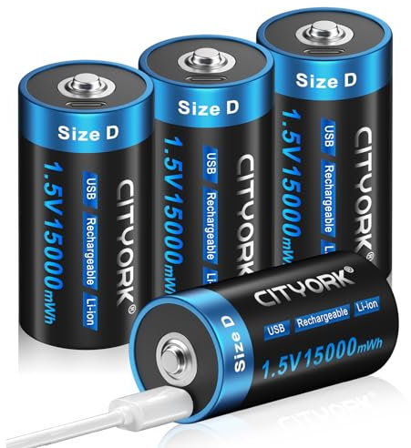 CITYORK Batterie ricaricabili a celle D, 1,5 V, 15000 mWh, USB agli ioni di litio D, ricaricabili con cavo di tipo C, 4 pezzi