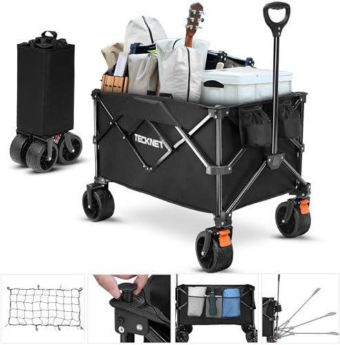 TECKNET Folding Festival Camping Trolley Cart on Wheels Brakes, Foldable Wagon 180L/150KG Heavy-Duty Garden Beach,Collapsible Trailer Removable Fabric & Adjustable Handle Picnic Transport Outdoor