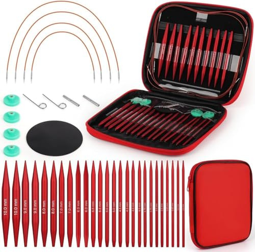 Set di Ferri da Maglia Circolari Intercambiabili in Alluminio,13 Dimensioni con Manici Ergonomici e Custodia - Kit Completo per Lavoro a Maglia,Uncinetto e Fai da Te,Accessori da Cucito Professionali