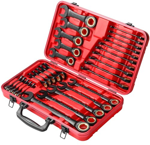 STARWORK True Mechanic™ 30-Piece 120T SAE and Metric Ratchet Wrench Set, Gift Series with Red Case, Professional