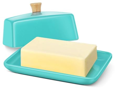 Flexzion Keramische Blau europäische Butterdose mit Deckel für die Arbeitsplatte (20,3 cm) – breite Doppel-Butterdose für 2 Stangen, Aufbewahrung für Frischkäse