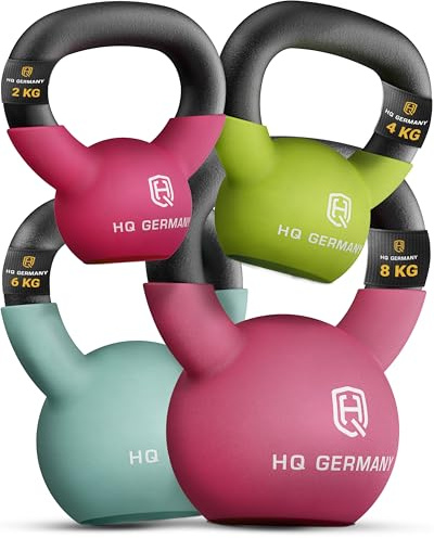 HQ Germany® Kettlebell Neopren [optimaler Bodenschutz] - Kugelhantel 2-32kg | Einteiliger Gusskern, pulverbeschichteter Griff, ±2% kalibriert, ergonomisch je Gewicht, Neoprenschicht