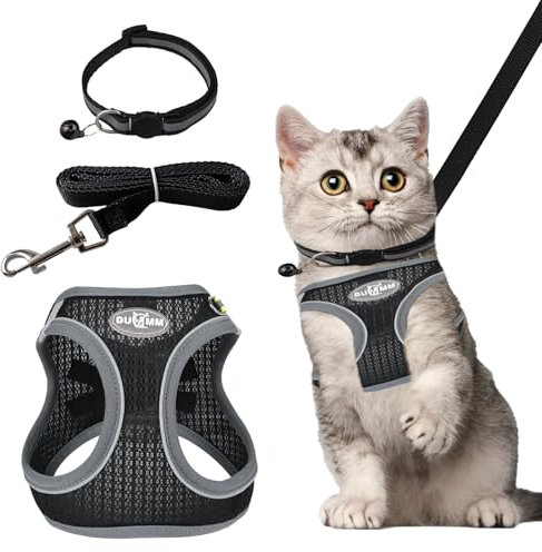 Katzengeschirr Ausbruchsicher,Katzen Geschirr Set mit Leine, Katzengeschirr zum Spazierengehen, Welpengeschirrmit Reflektierend und Atmungsaktiv für Kleine und Mittelgroße Katzen, Schwarz (XS)