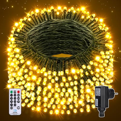 Auriostar Lichterkette Außen Weihnachtsbaum 20m - 200LED Lichterkette Outdoor Innen Strom 8 Modi mit Fernbedienung Timer, Wasserdicht IP44 Lichterkette Weihnachtsbeleuchtung für Party Garten Balkon